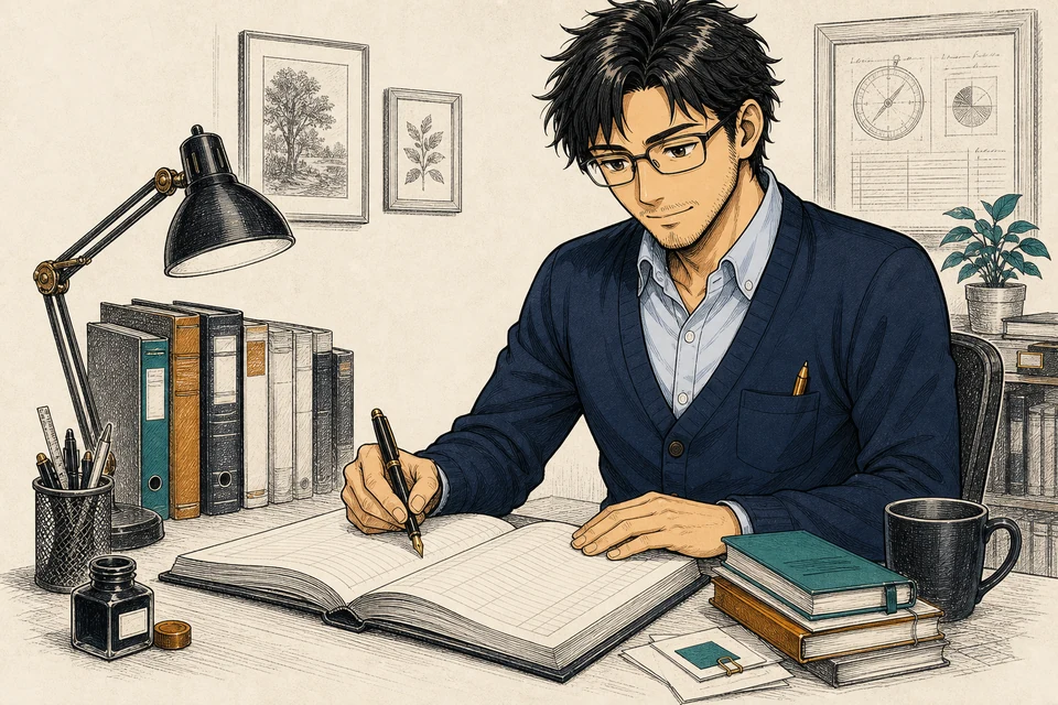 Kenji, composed and focused, writing in a ledger